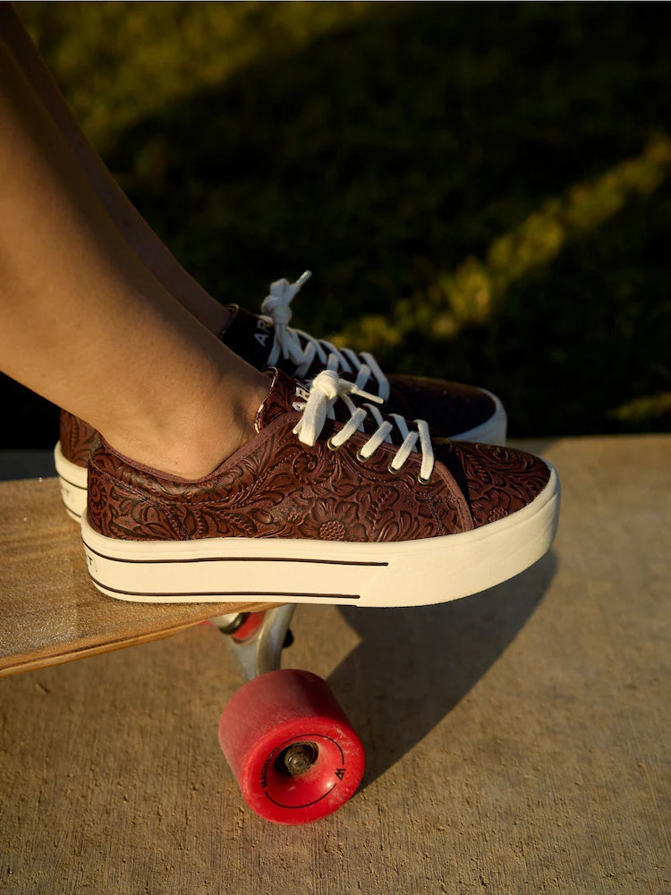 Skylar Floral Print Emboss Leather Platform Trainers - Brown