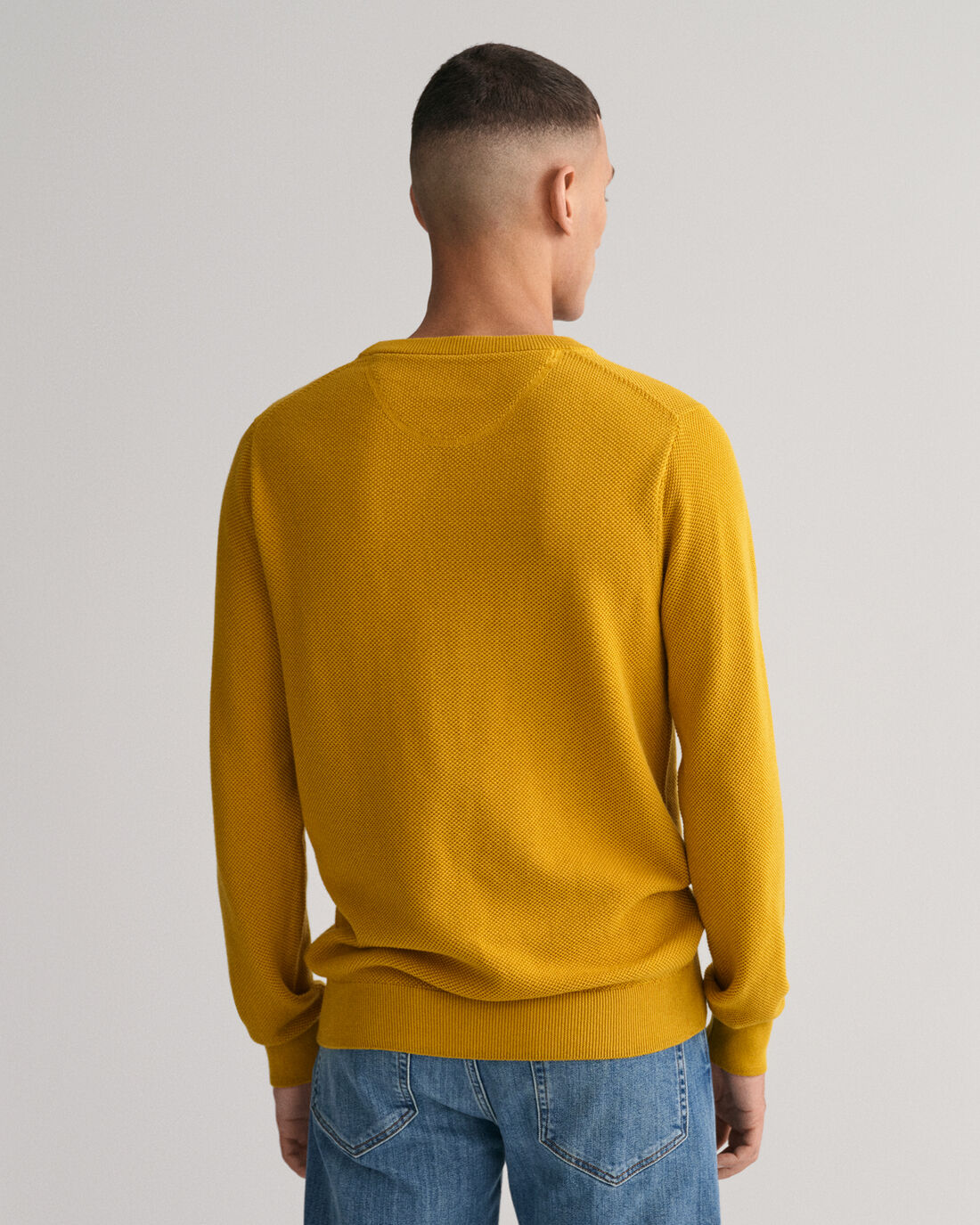 Cotton Piqué Crew Neck Sweater - Dark Mustard Yellow