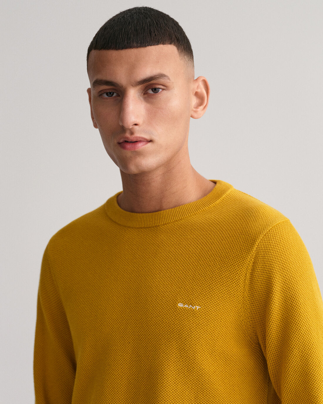 Cotton Piqué Crew Neck Sweater - Dark Mustard Yellow