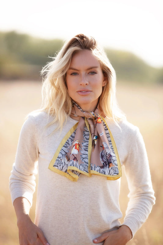 Narrow Silk Scarf 'Watching Over Me' - Mink Brown