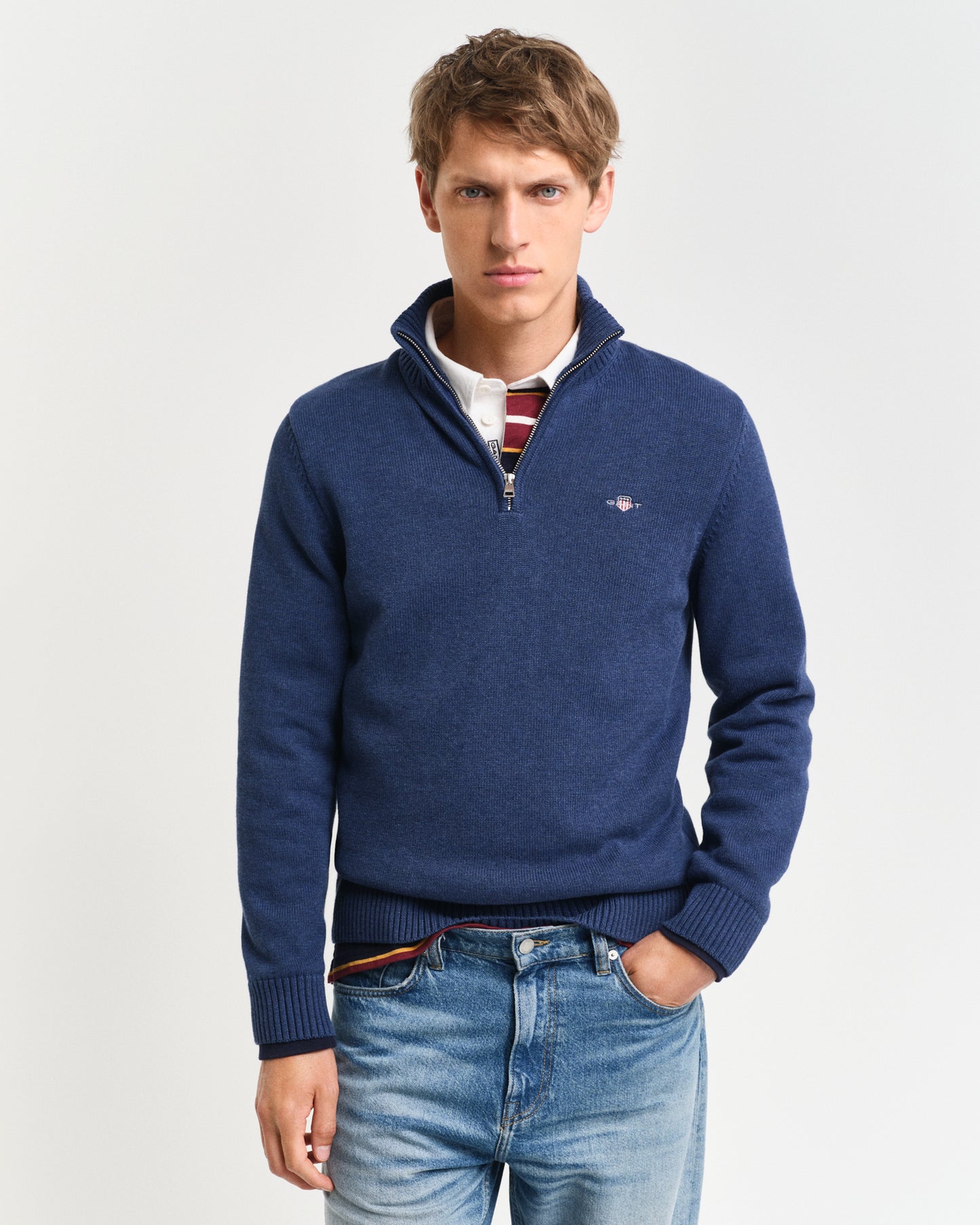 Casual Cotton Half-Zip Sweater - Dark Jeansblue Melange