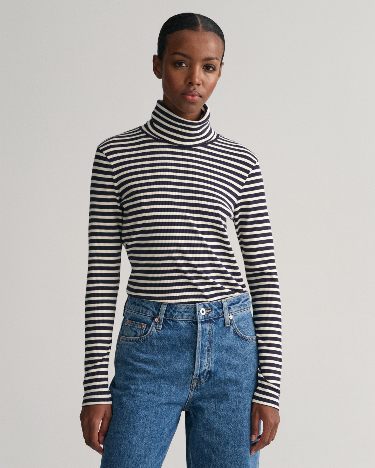 Striped Rib Long Sleeve Turtleneck Top - Evening Blue