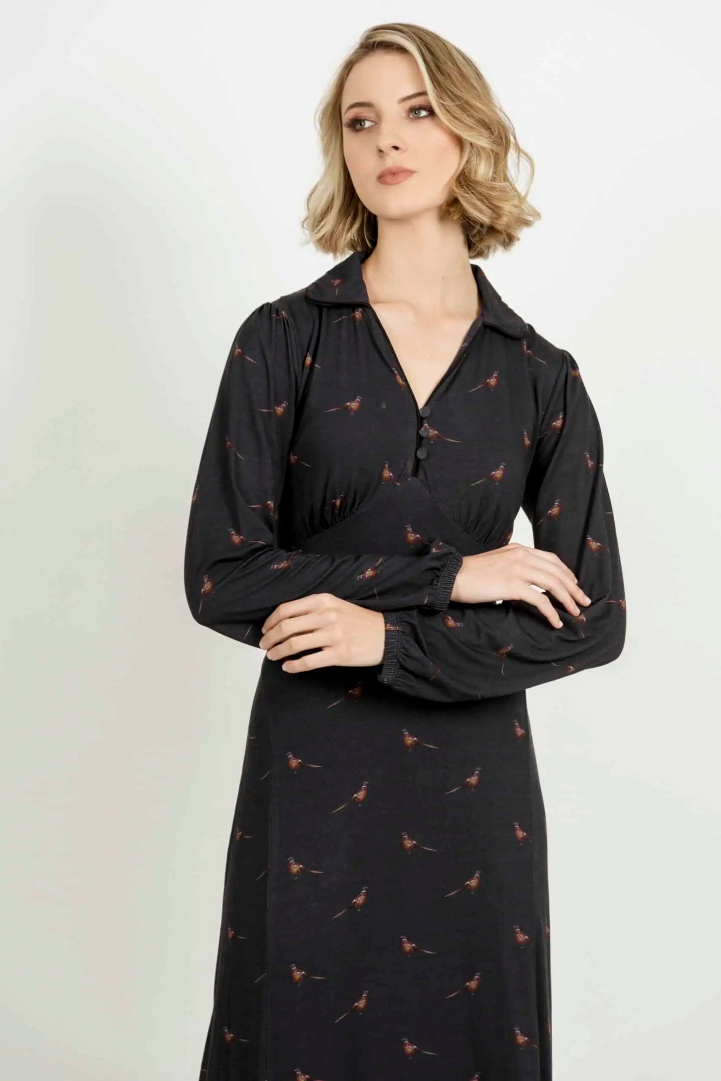 Sally Dress - Navy Embroidered Pheasants