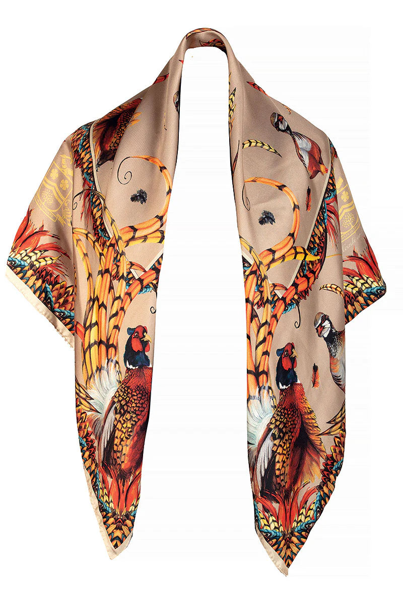 Large Square Silk Scarf 'Heads or Tails' - Toffee