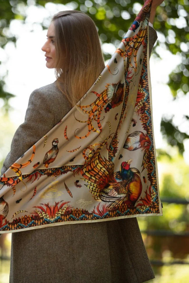 Large Square Silk Scarf 'Heads or Tails' - Toffee