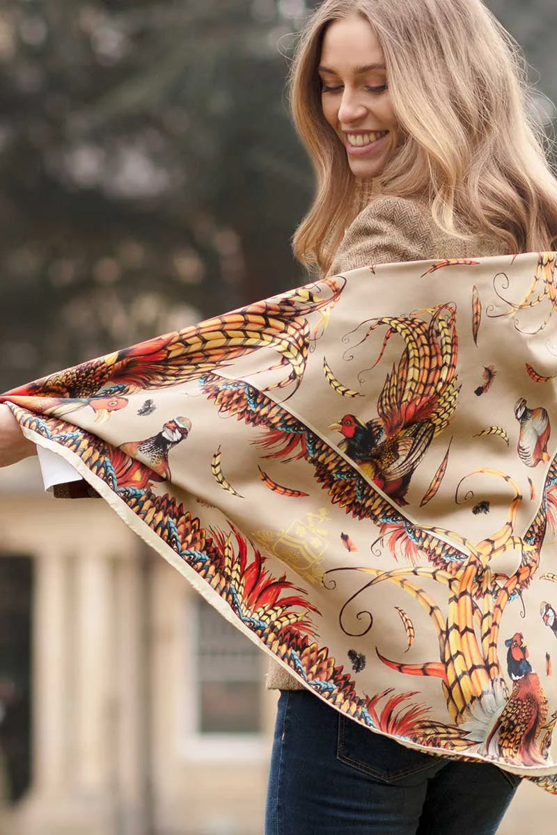Large Square Silk Scarf 'Heads or Tails' - Toffee