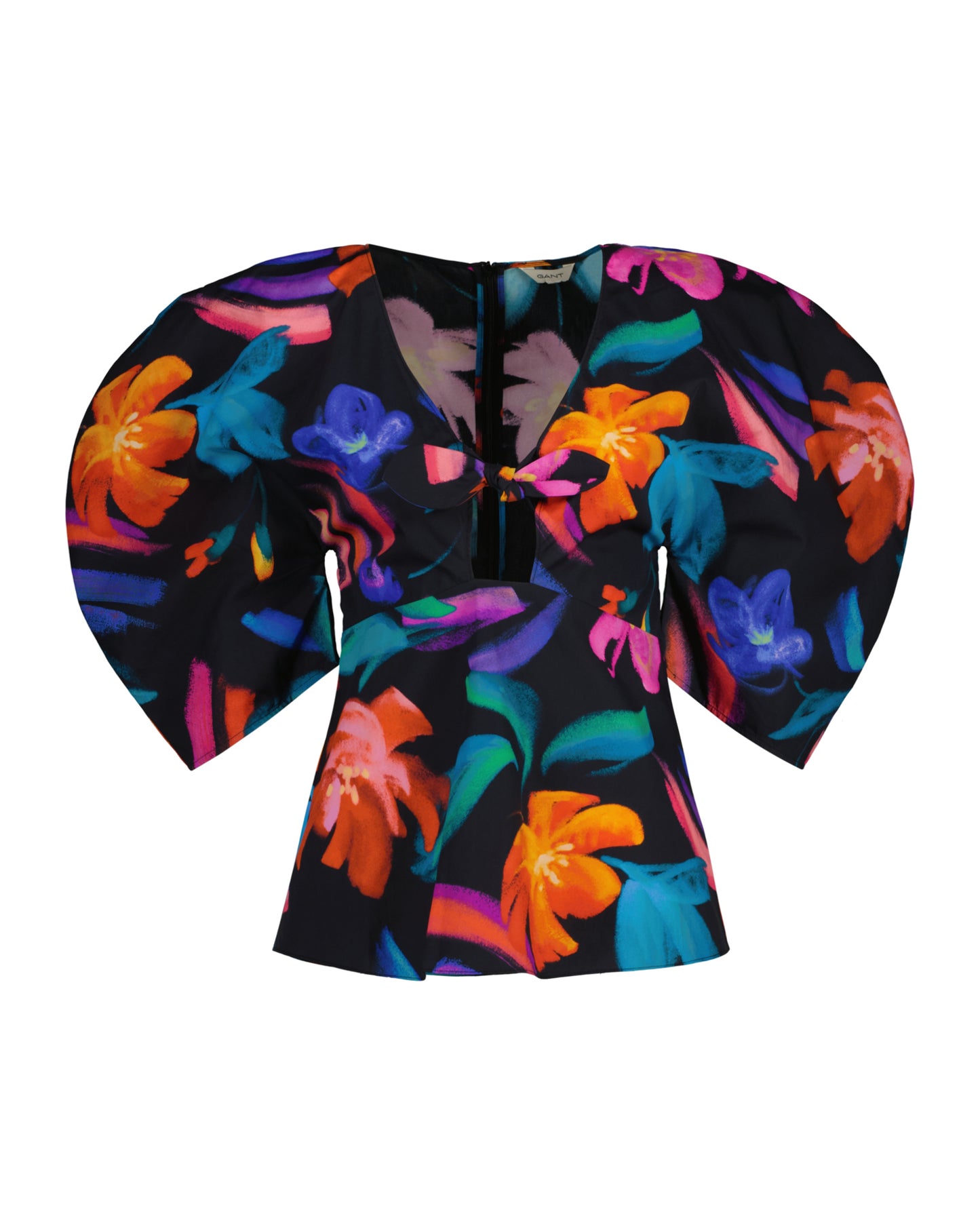 Floral Print Volume Sleeve Blouse - Ebony Black