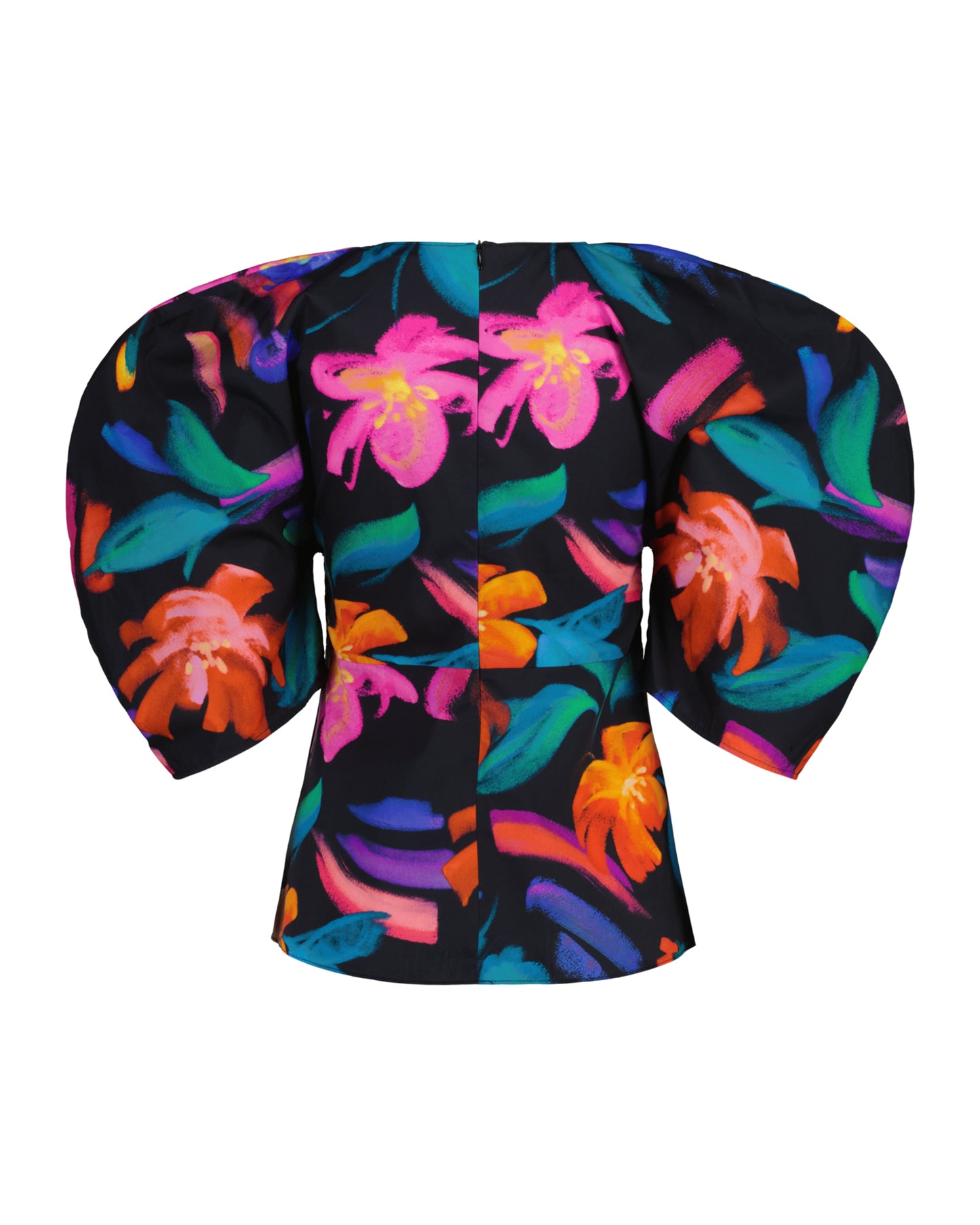 Floral Print Volume Sleeve Blouse - Ebony Black