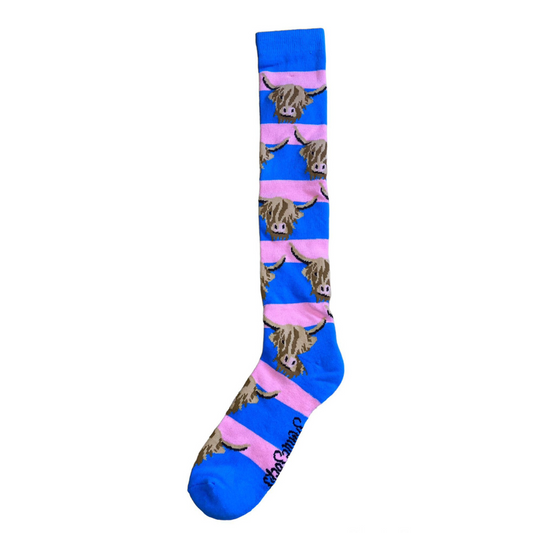 Pink & Blue Long Highland Cow Welly Socks - Adult