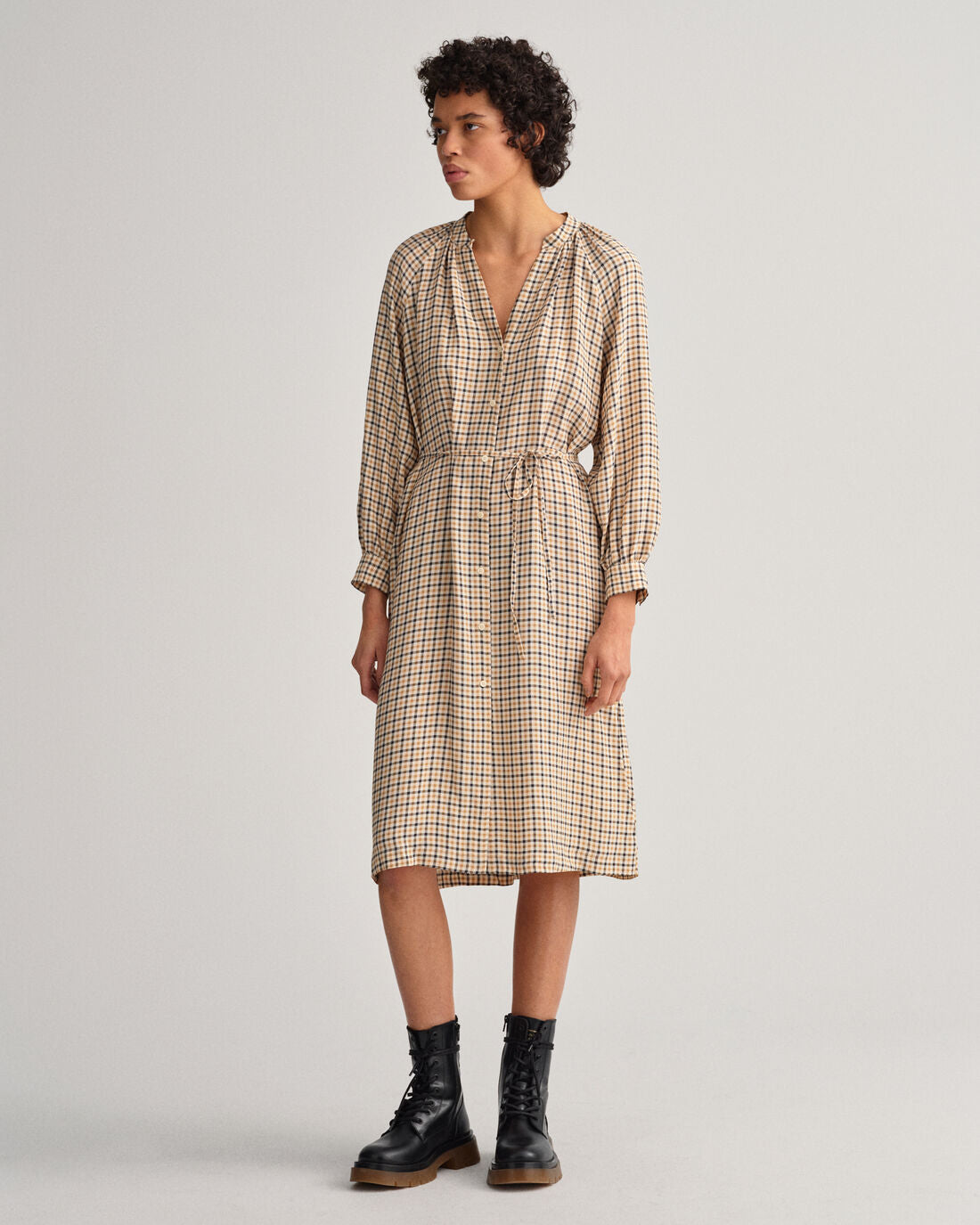 Check Stand Collar Shirt Dress - Toffee Beige