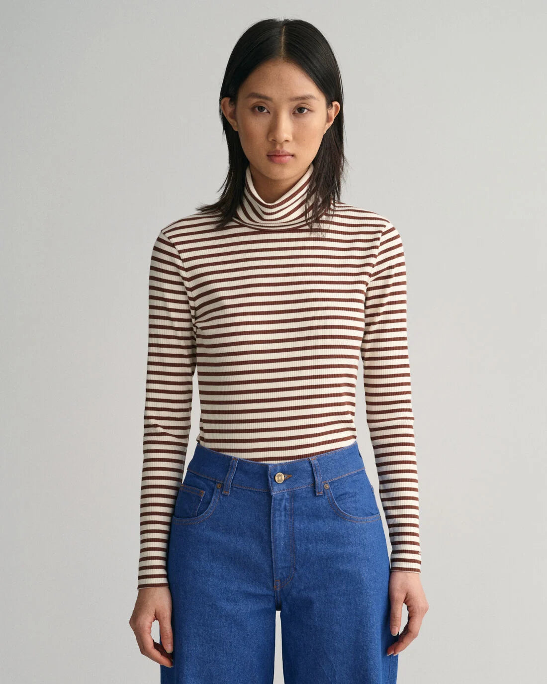 Striped Rib Long Sleeve Turtleneck Top - Weathered Brown