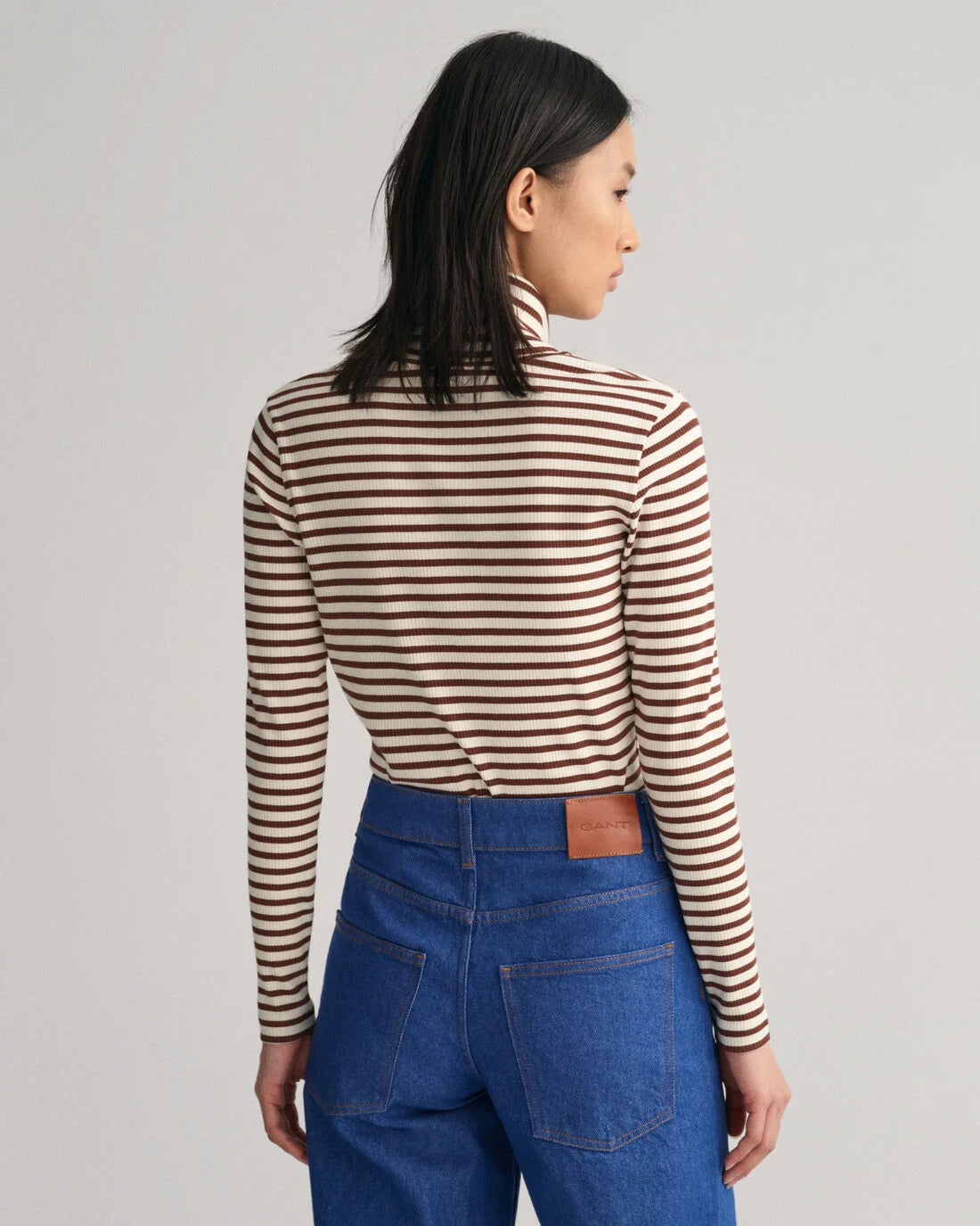 Striped Rib Long Sleeve Turtleneck Top - Weathered Brown