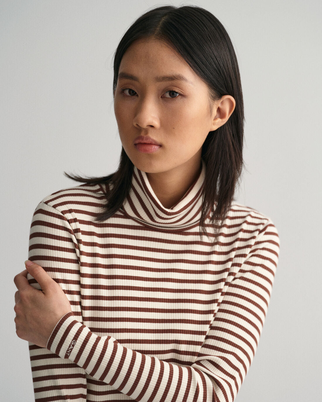 Striped Rib Long Sleeve Turtleneck Top - Weathered Brown