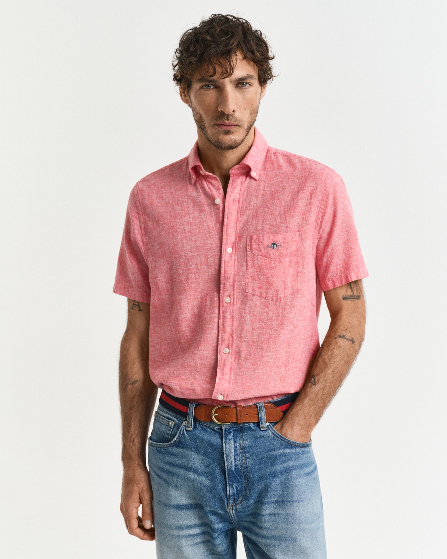 Men's Cotton Linen Short Sleeve Shirt - Sunset Pink