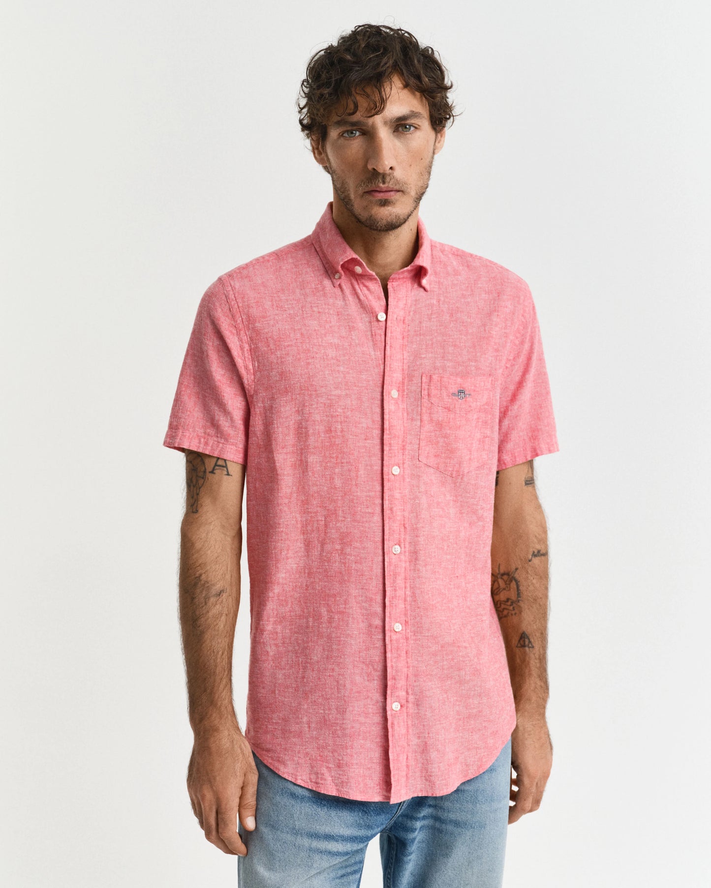 Men's Cotton Linen Short Sleeve Shirt - Sunset Pink