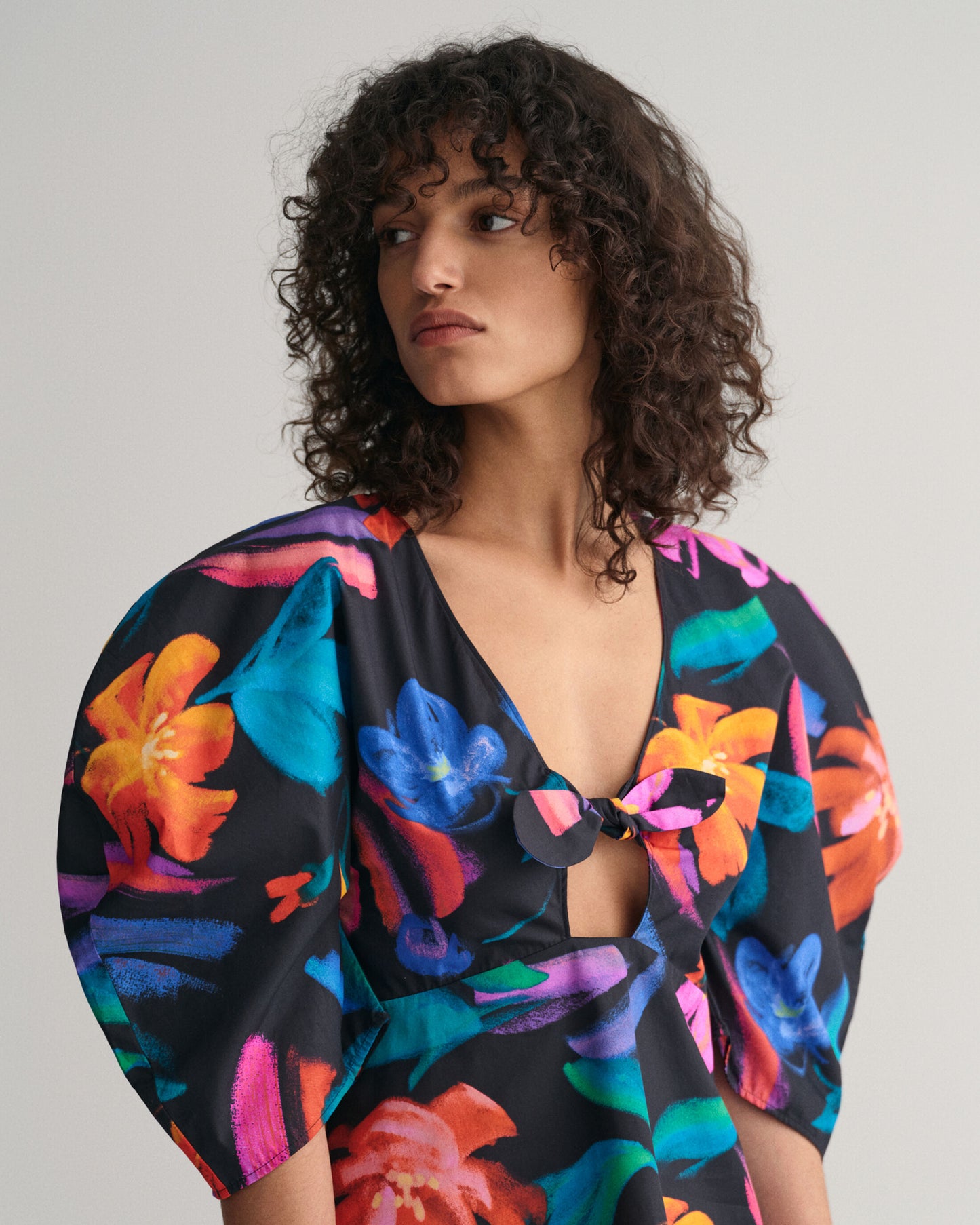 Floral Print Volume Sleeve Blouse - Ebony Black