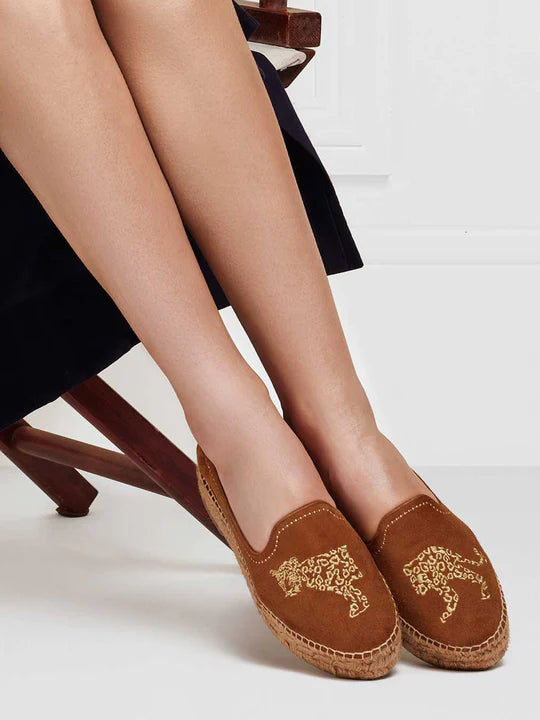 Saint Tropez Embroidered Jaguar Espadrille - Tan Suede - LAST PAIR