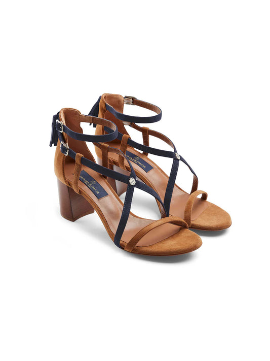 Heeled Brancaster Sandal - Tan/Navy Suede LAST PAIR