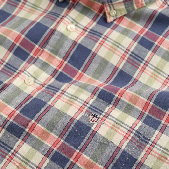 Men's Cotton Linen Short Sleeve Checked Shirt - Dusty Blue Sea