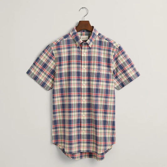 Men's Cotton Linen Short Sleeve Checked Shirt - Dusty Blue Sea