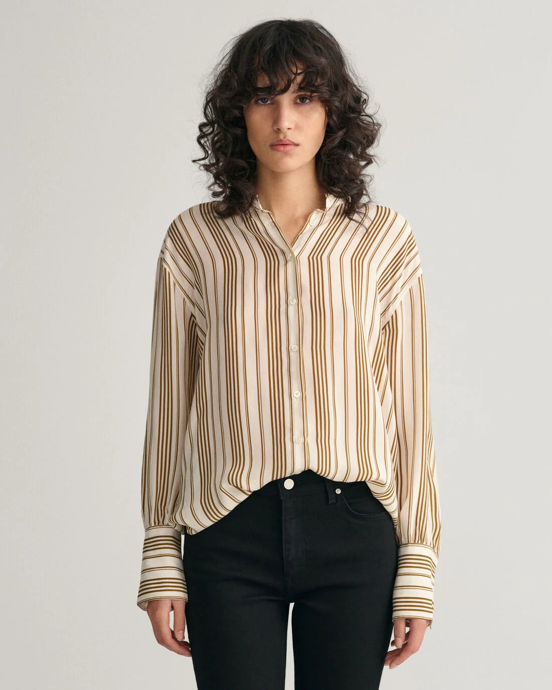 Striped Stand Collar Shirt - Warm Surplus Green