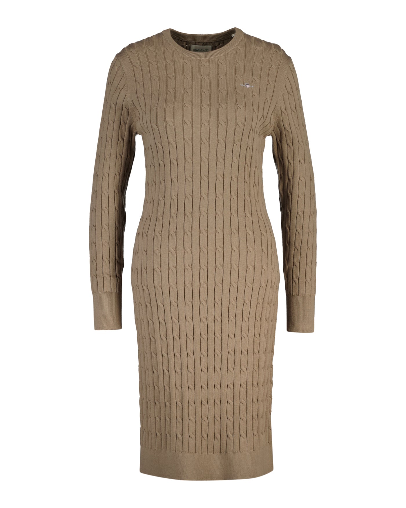 Stretch Cotton Cable Knit Crew Neck Dress - Taupe Beige