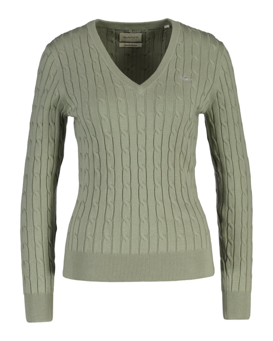 Women's Stretch Cotton Cable Knit V-Neck Sweater - Faded Sage