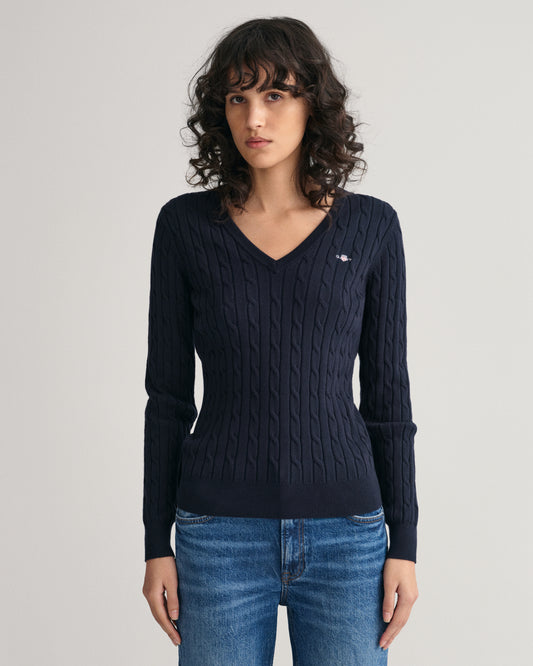 Stretch Cotton Cable Knit V-Neck Sweater - Evening Blue