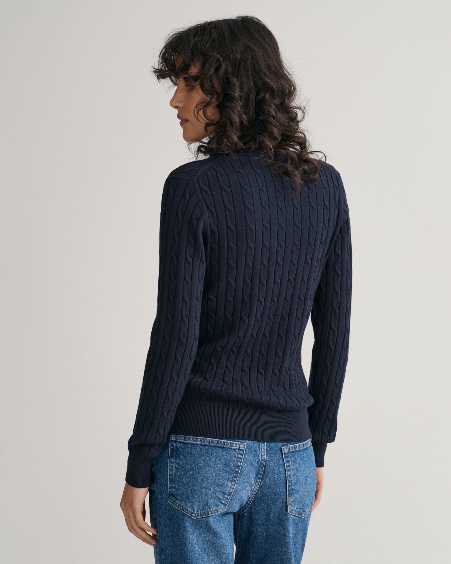 Stretch Cotton Cable Knit V-Neck Sweater - Evening Blue