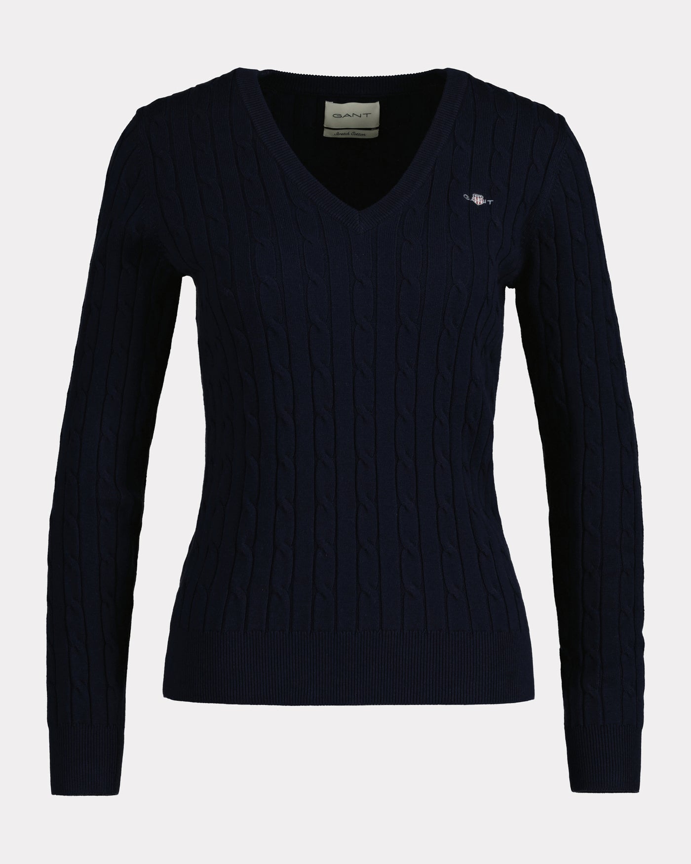 Stretch Cotton Cable Knit V-Neck Sweater - Evening Blue