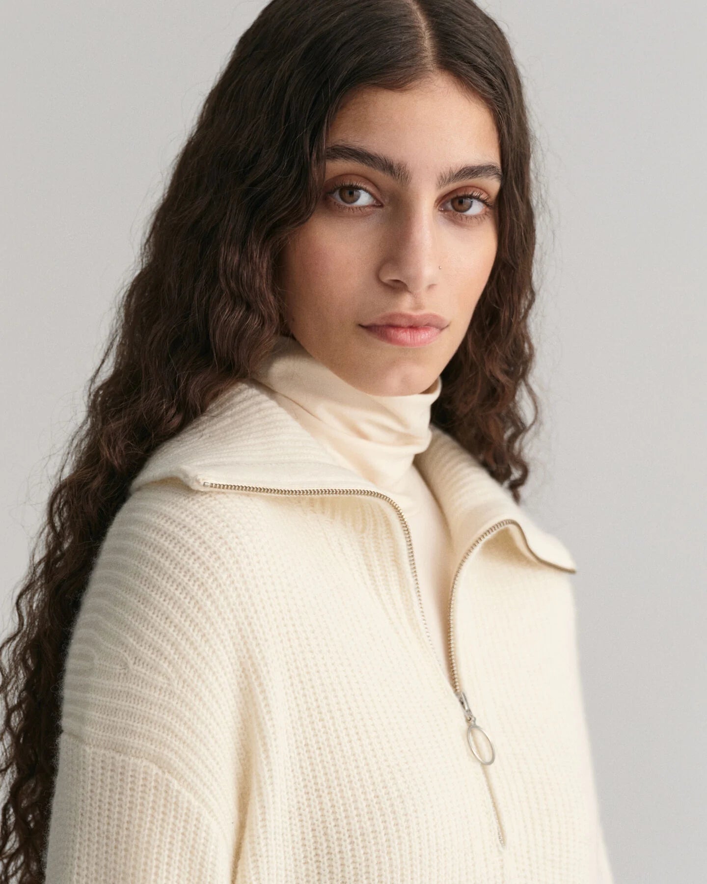 Ribbed Wool Half Zip Sweater - Cream