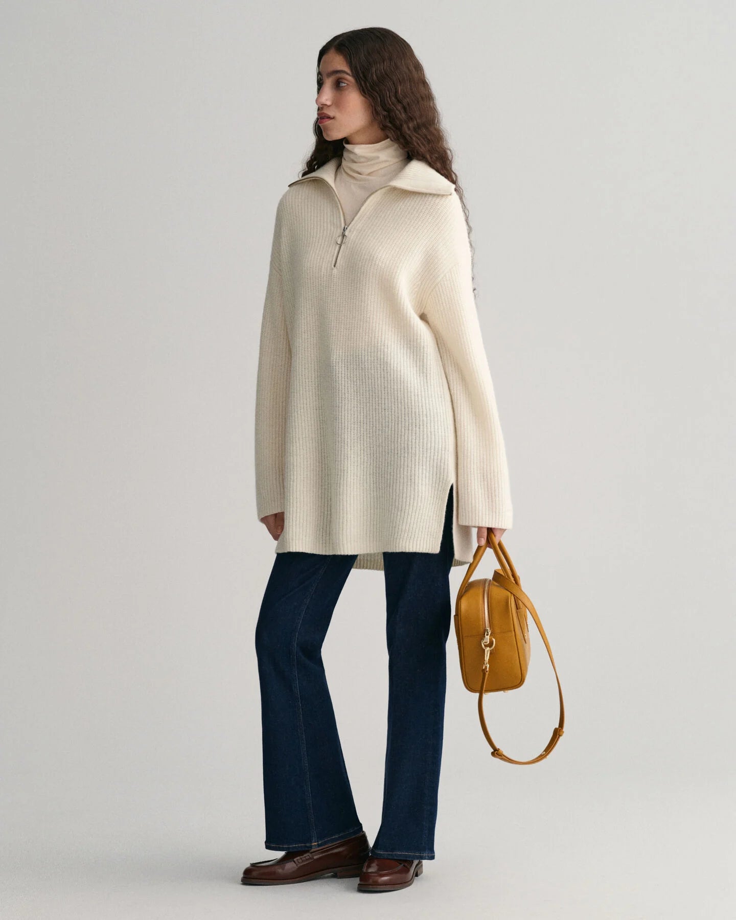 Ribbed Wool Half Zip Sweater - Cream