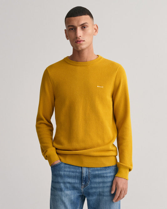 Cotton Piqué Crew Neck Sweater - Dark Mustard Yellow