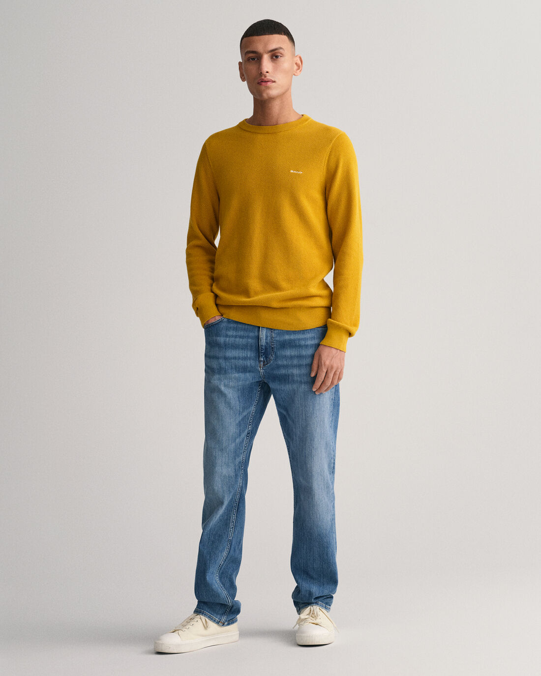 Cotton Piqué Crew Neck Sweater - Dark Mustard Yellow