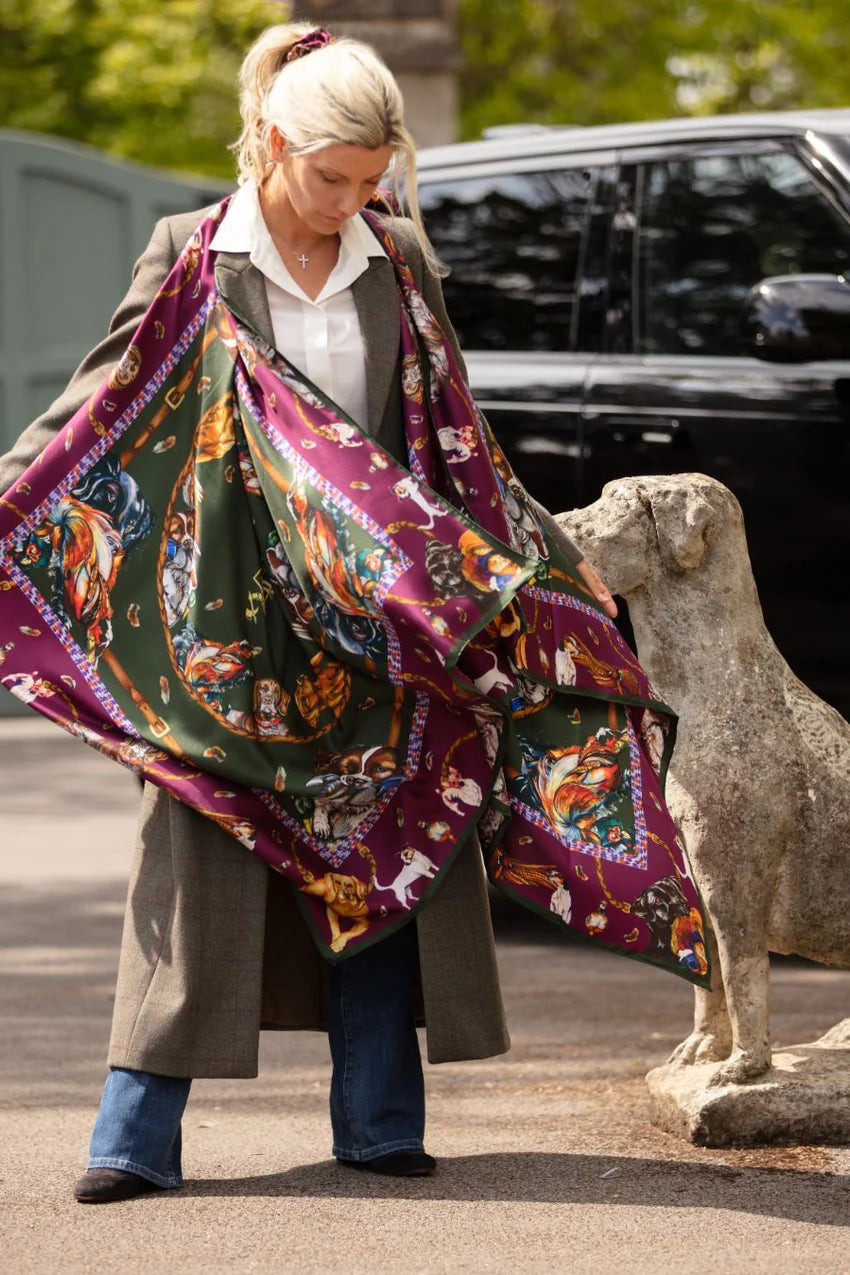 Large Square Silk Scarf 'It's a Dog's Life' - Hunter Green & Oxblood