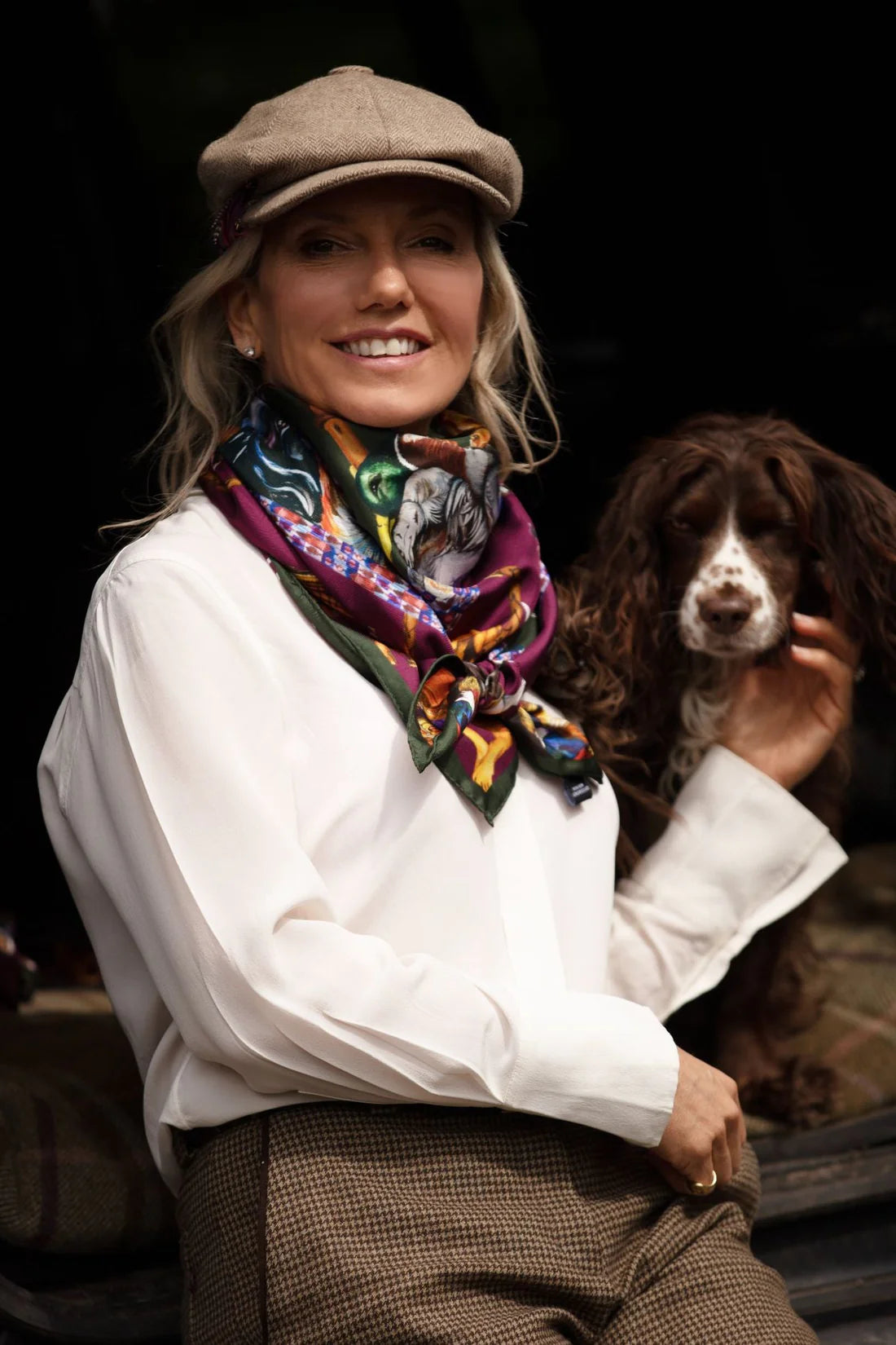 Large Square Silk Scarf 'It's a Dog's Life' - Hunter Green & Oxblood