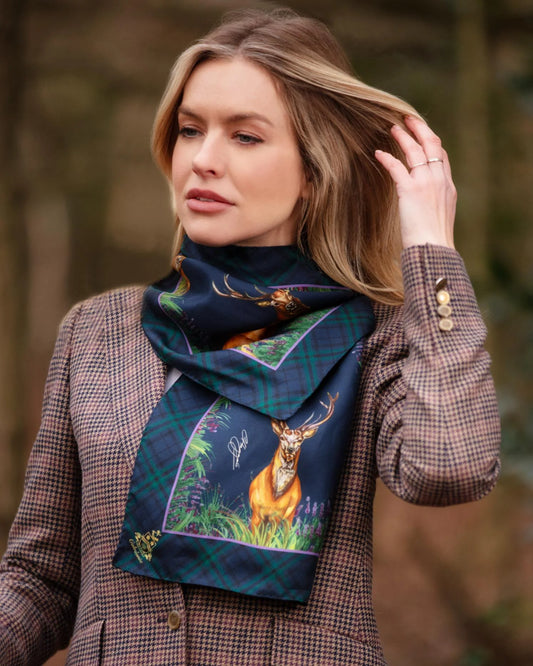 Narrow Silk Scarf 'Caledonia' - Navy