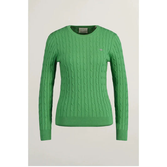 Stretch Cotton Cable Knit Crew Neck Sweater - Dusty Green