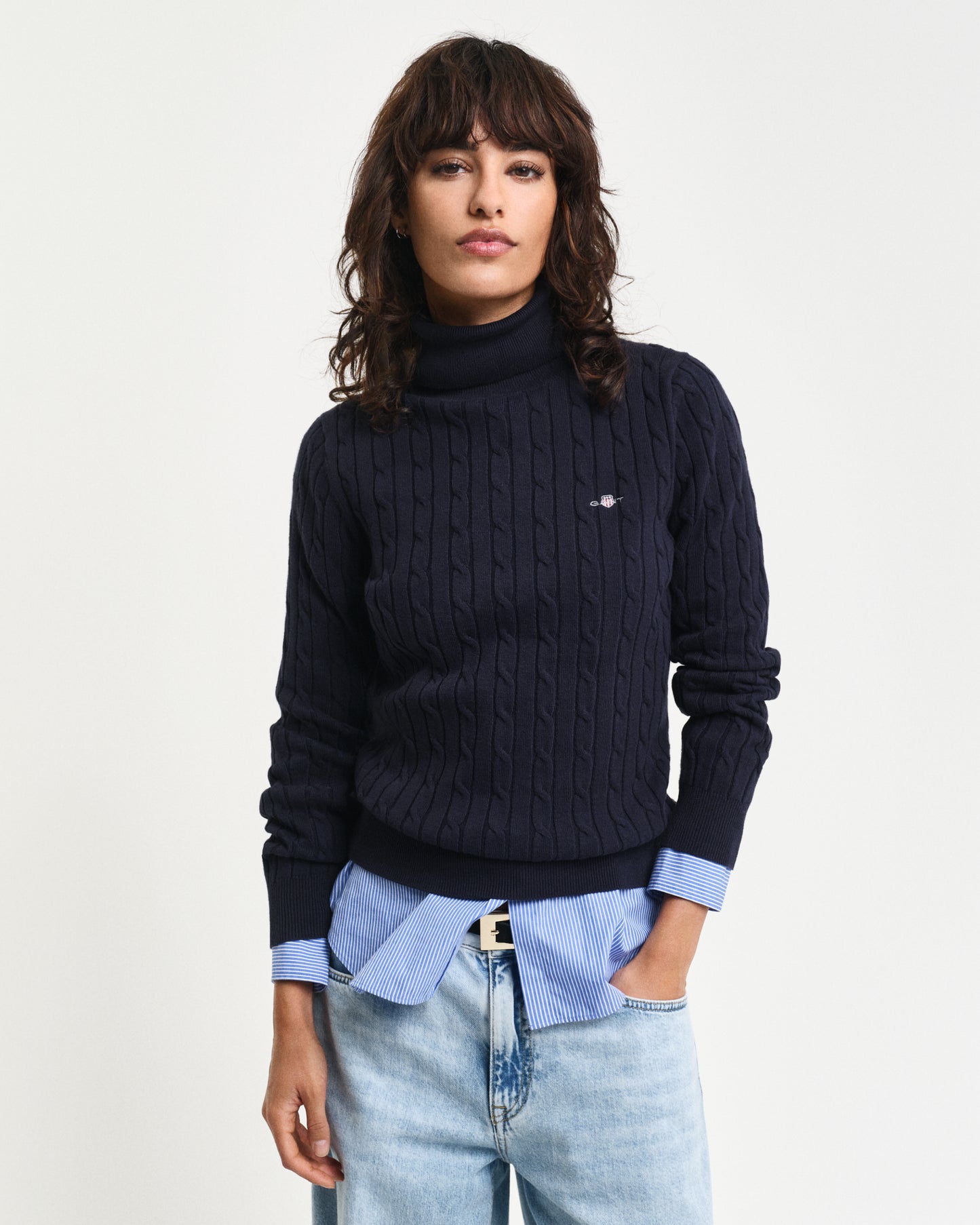 Stretch Cotton Cable Knit Turtleneck Sweater - Evening Blue