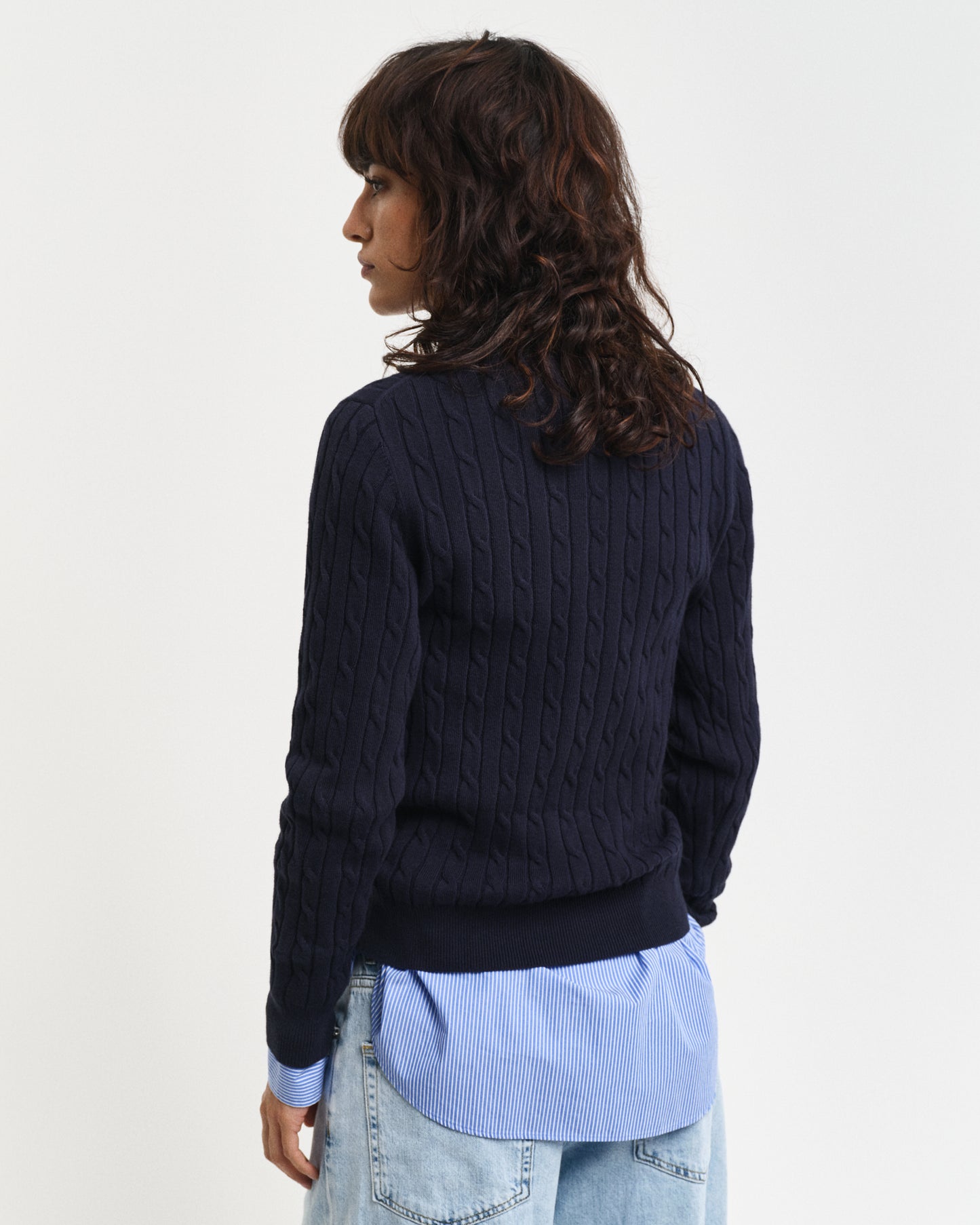 Stretch Cotton Cable Knit Turtleneck Sweater - Evening Blue