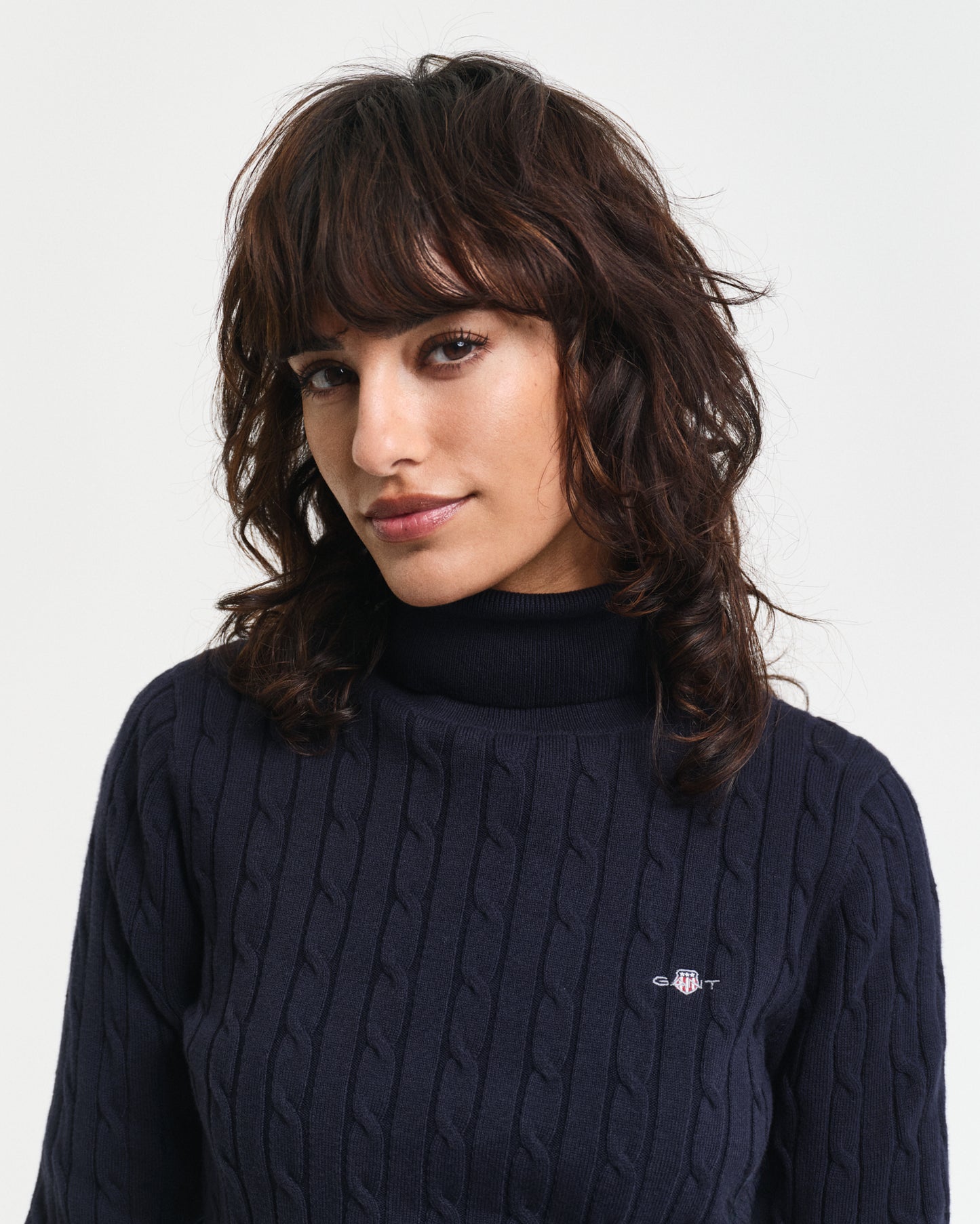 Stretch Cotton Cable Knit Turtleneck Sweater - Evening Blue