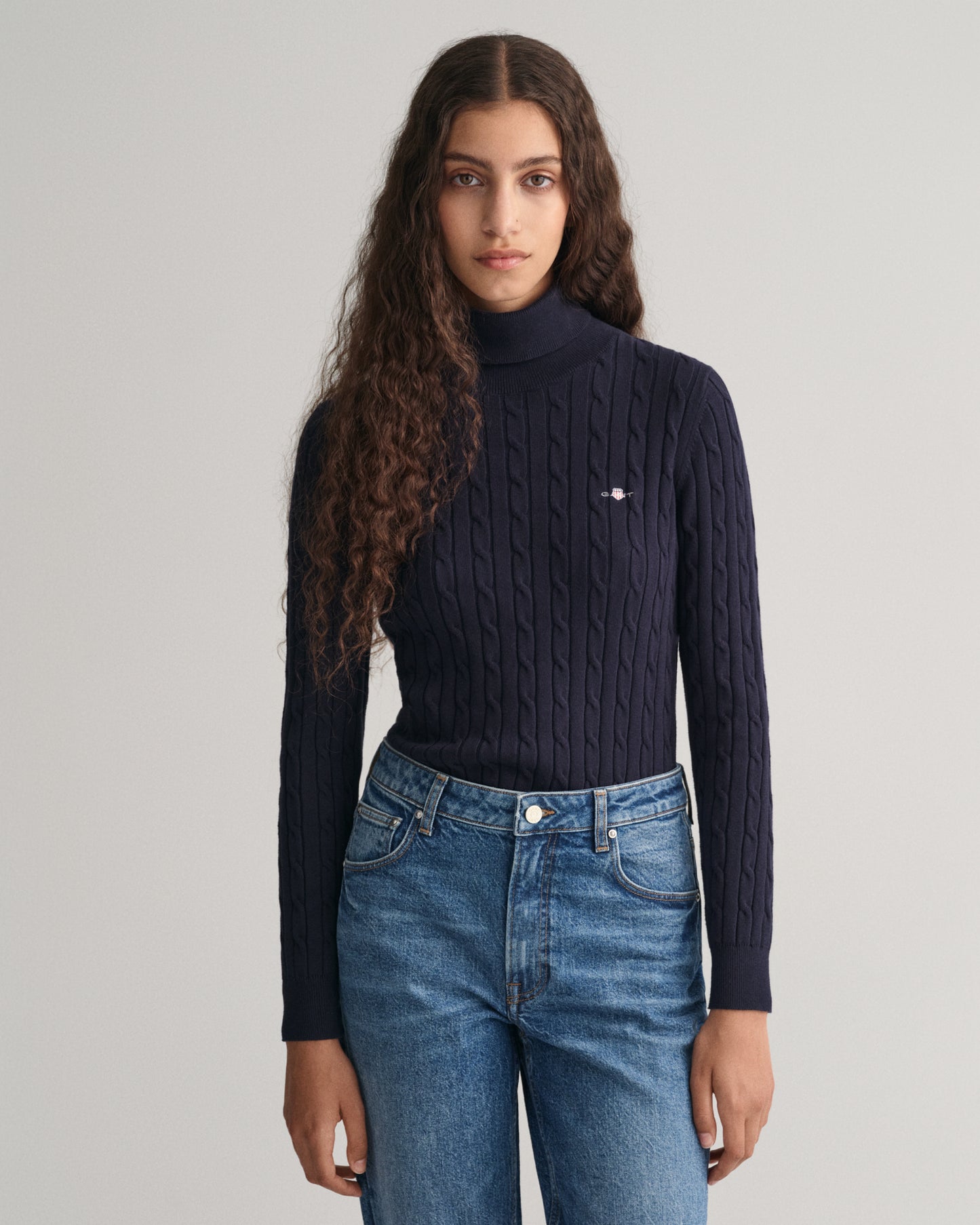 Stretch Cotton Cable Knit Turtleneck Sweater - Evening Blue