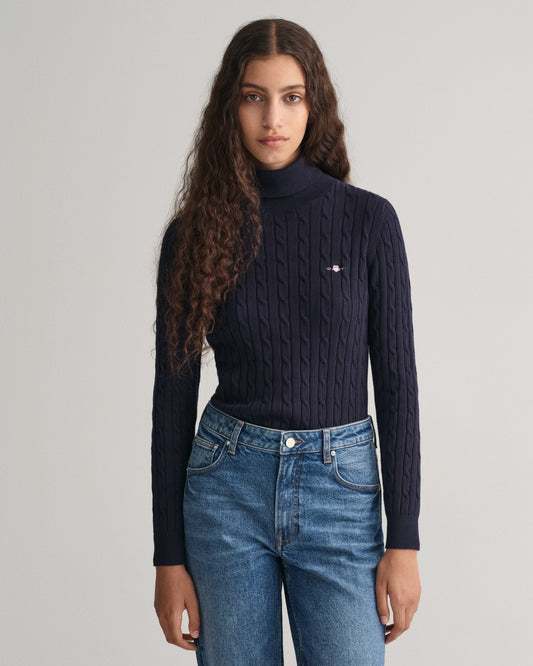 Stretch Cotton Cable Knit Turtleneck Sweater - Evening Blue