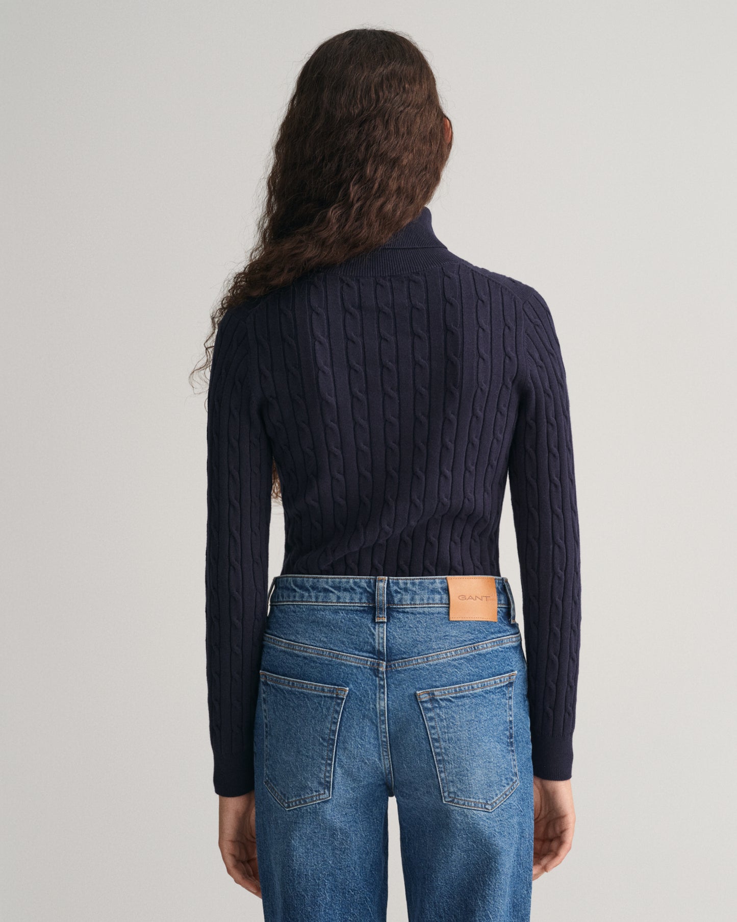 Stretch Cotton Cable Knit Turtleneck Sweater - Evening Blue