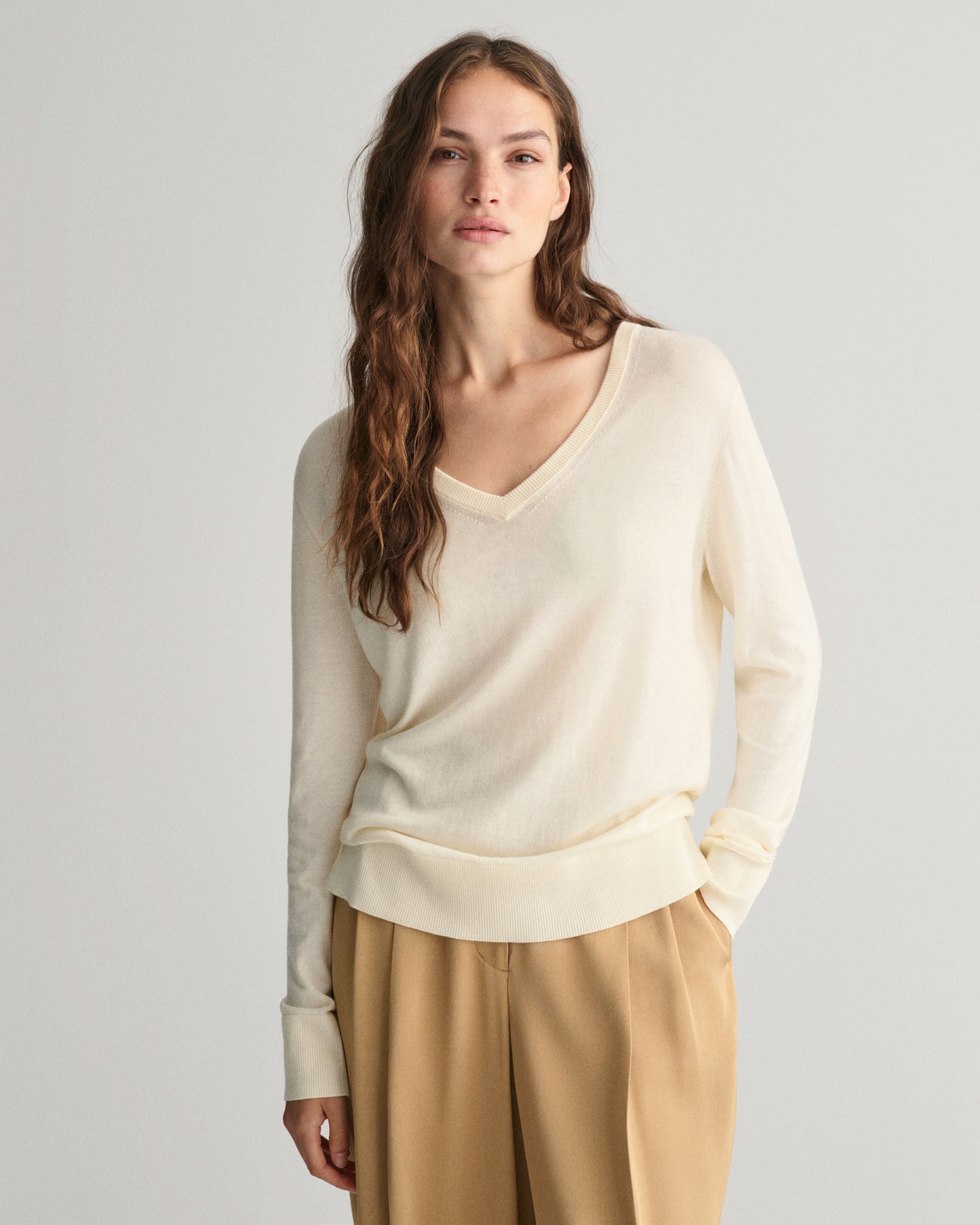 Fine Knit V-Neck Sweater - Cream