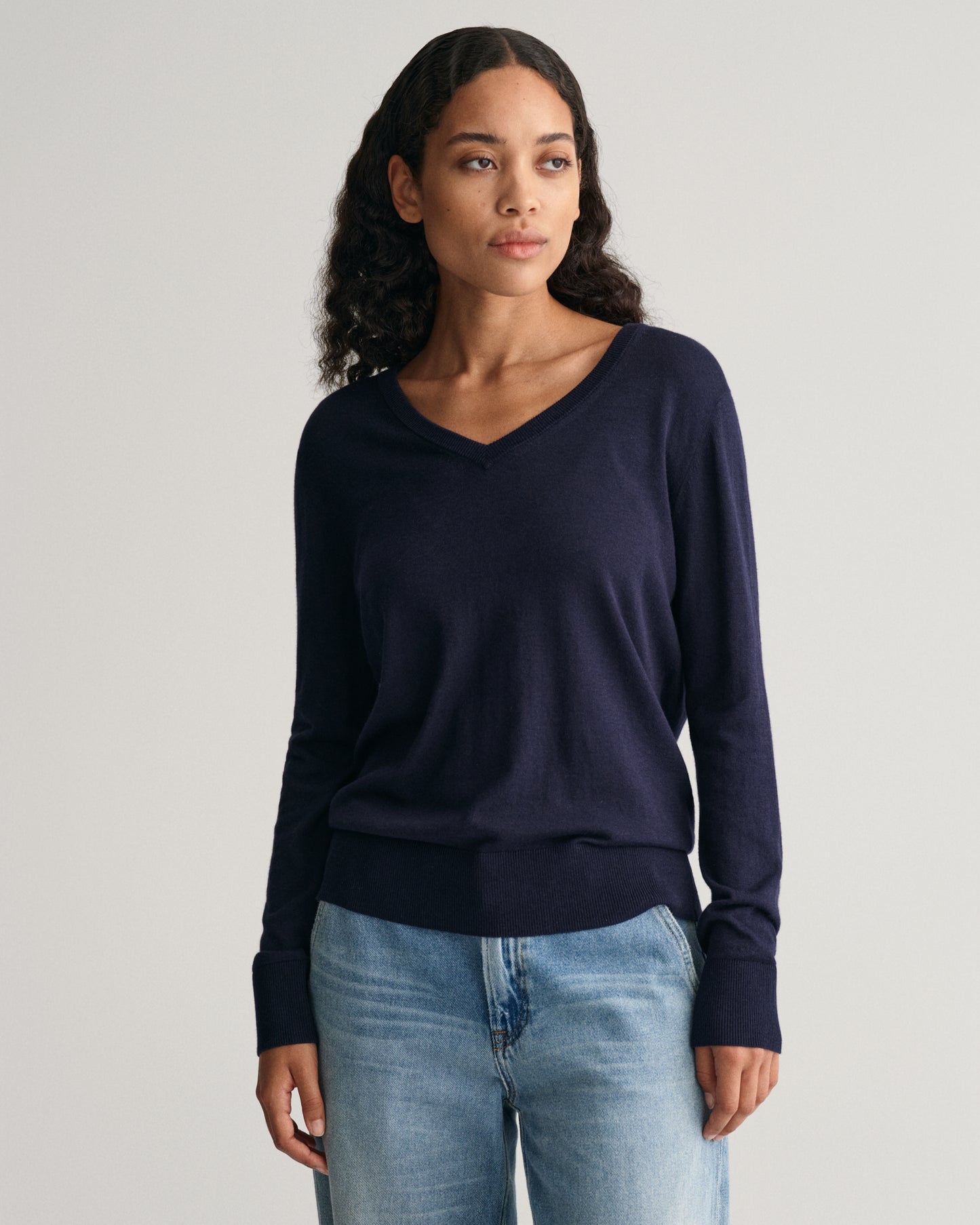 Fine Knit V-Neck Sweater - Evening Blue