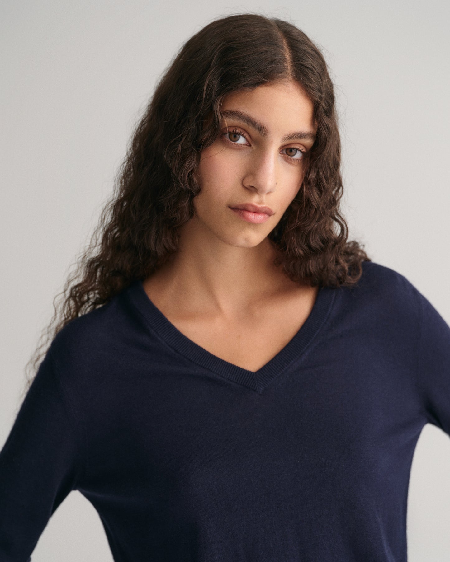 Fine Knit V-Neck Sweater - Evening Blue