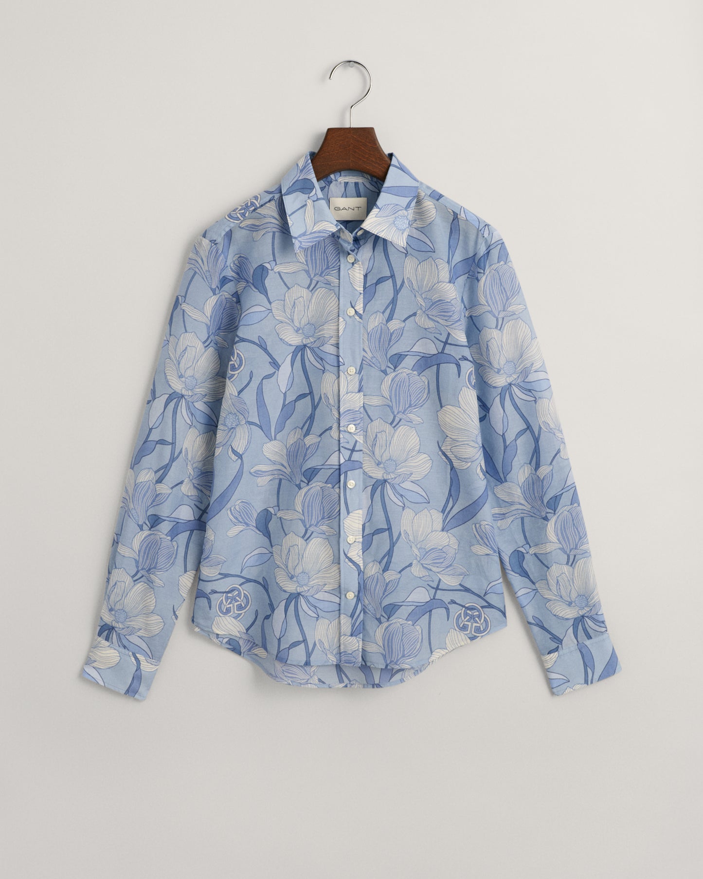 Regular Fit Magnolia Print Cotton Silk Shirt - Dove Blue