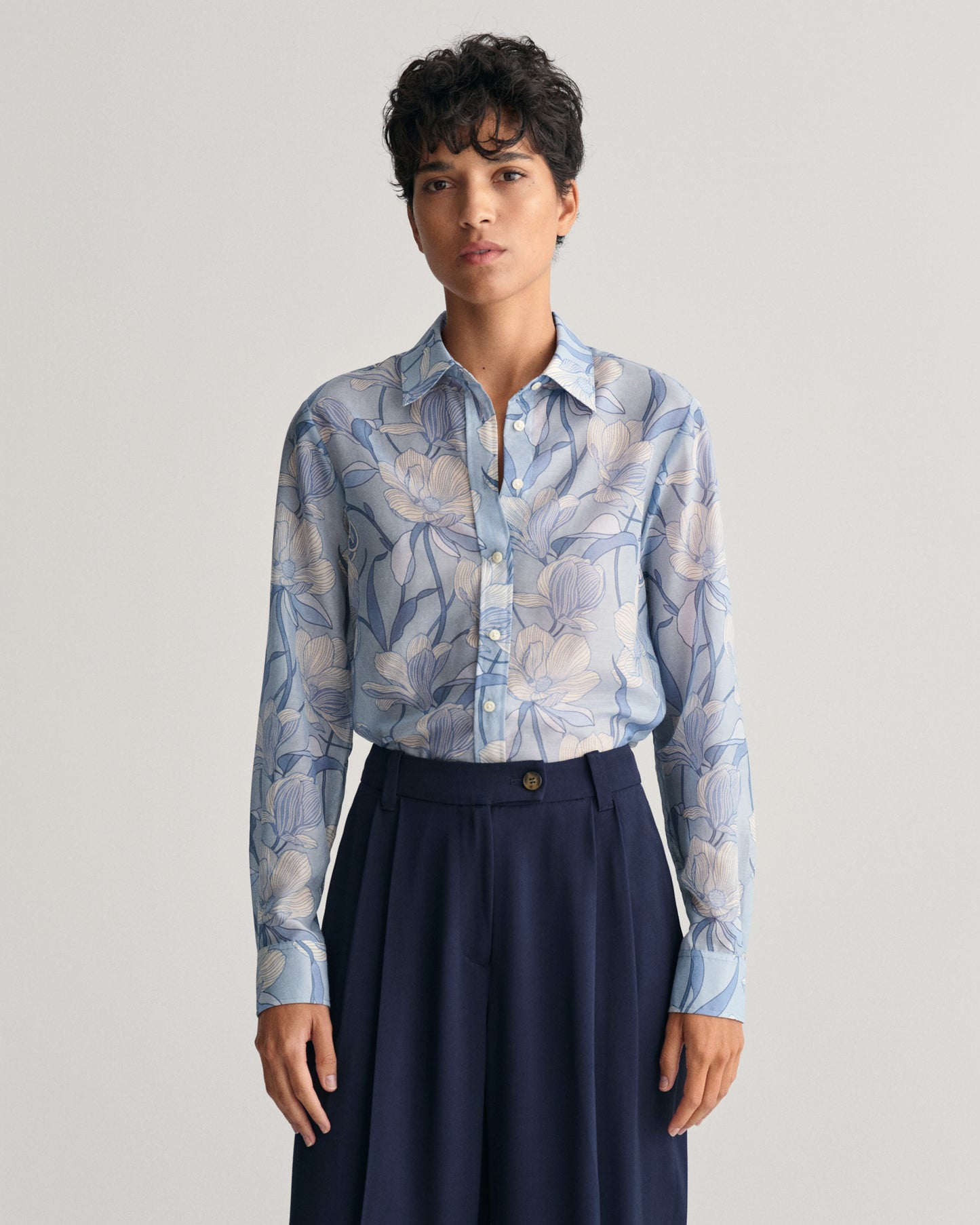 Regular Fit Magnolia Print Cotton Silk Shirt - Dove Blue