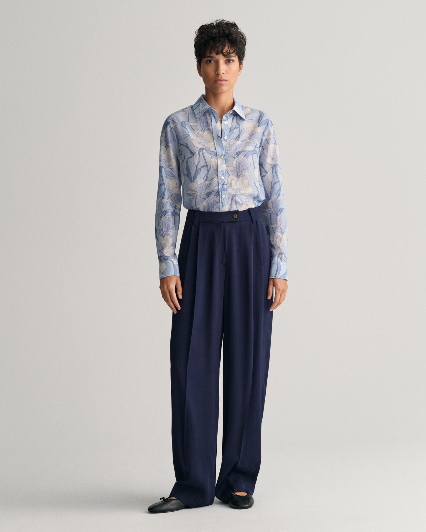 Regular Fit Magnolia Print Cotton Silk Shirt - Dove Blue